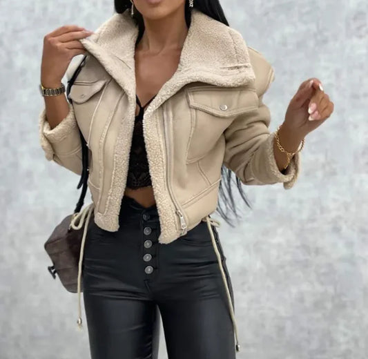 Chic Leather-Stitched Lapel Jacket CPY