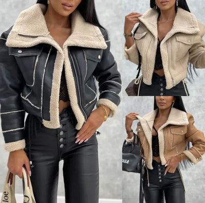 Chic Leather-Stitched Lapel Jacket CPY